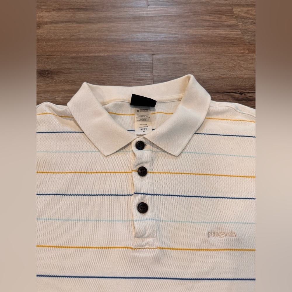 Patagonia Men’s White Striped Organic Cotton Polo T-Shirt Medium - Picture 2 of 5